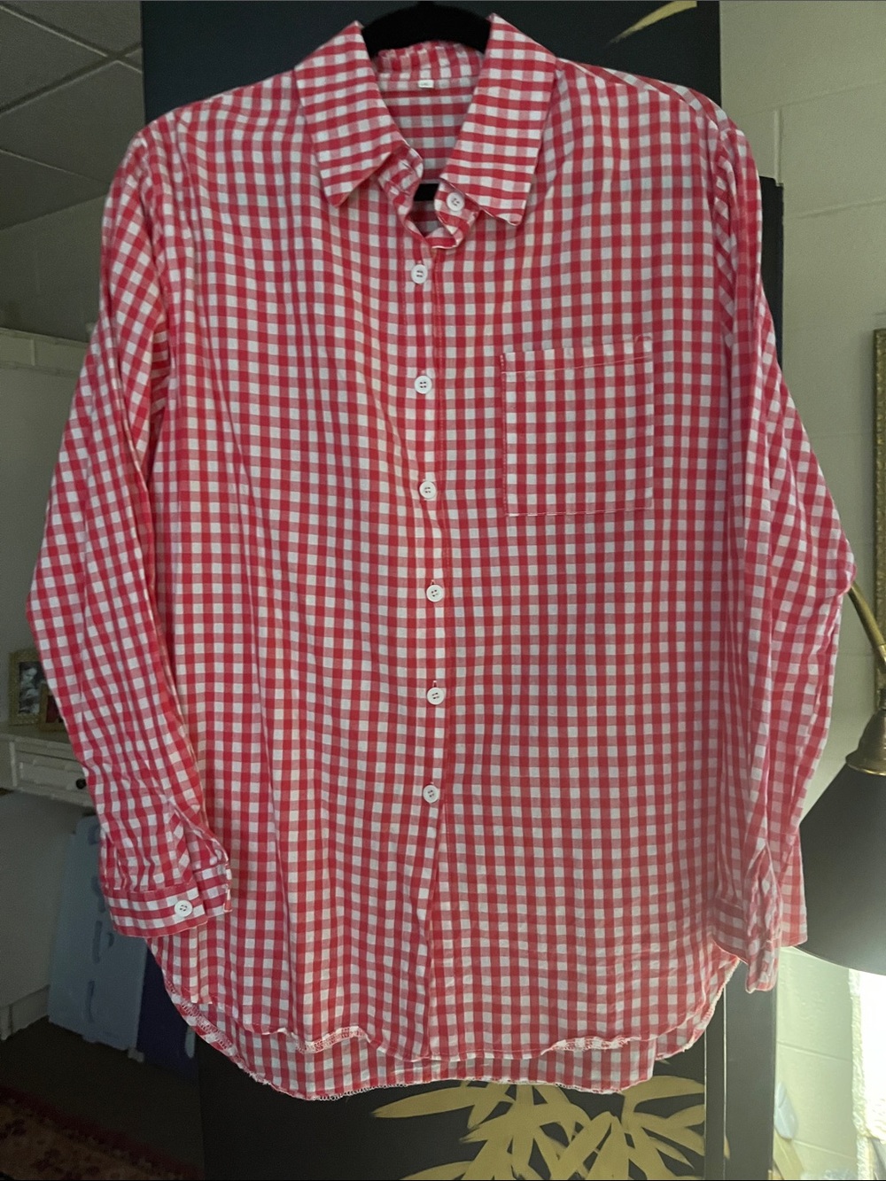 Ladies Pink and White Gingham Button-Up Shirt